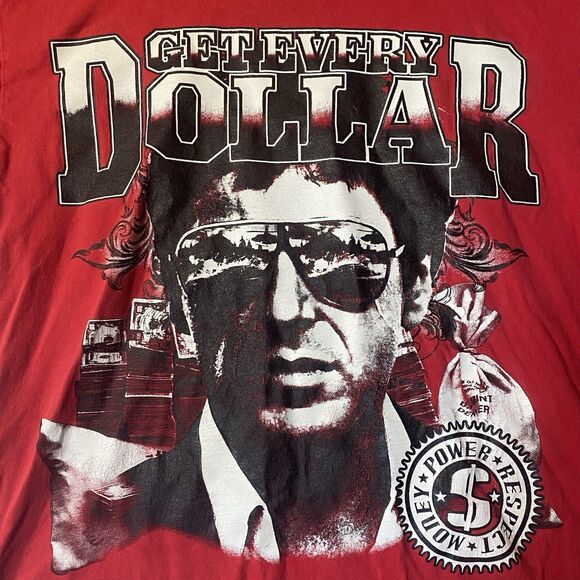 VTG Scarface Get Every Dollar Dream USA T Shirt 2XL Red Tony Montana Flawed - Picture 2 of 7